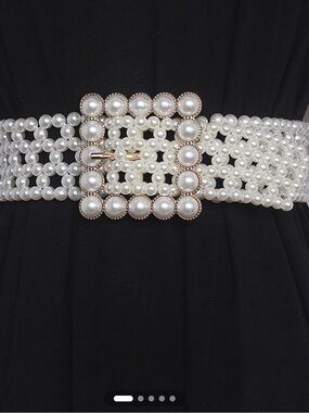 Pearl-Embellished Wide Waist Belt - White